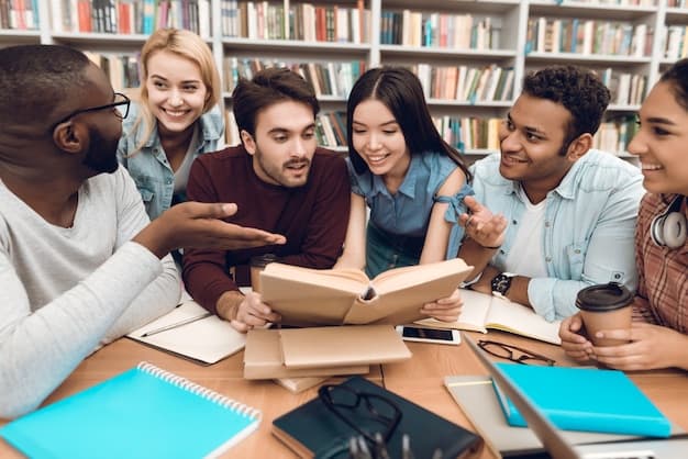 Students discussing in library